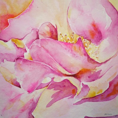 Aquarellbild einer Rose in expressiven Lila- und Gelbtönen